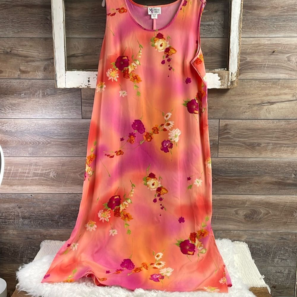 MAGGIE SWEET Womens Sleeveless Belted Maxi Dress 1X Tropical Floral Coral Pink - Picture 3 of 10